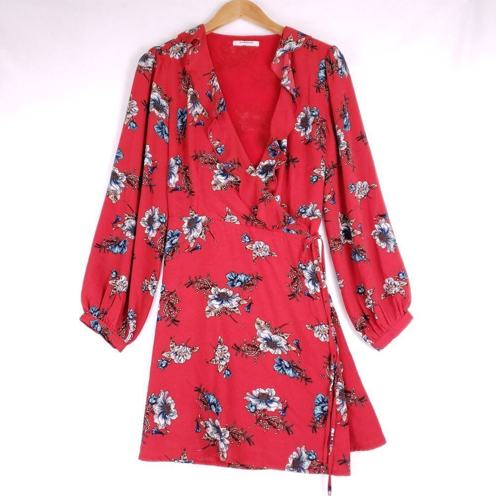 Glamorous Red Floral Wrap Dress Long Sleeve Women M Ruffle Boho Cottagecore